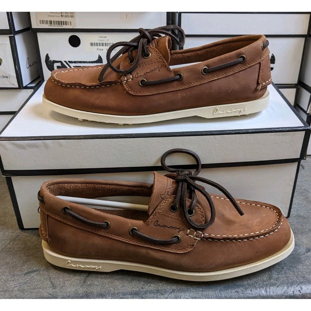 Canoos Golf Shoes Mens 7 Branson Brown Leather Boat Shoe Loafers Rubber Cleats - Picture 1 of 7